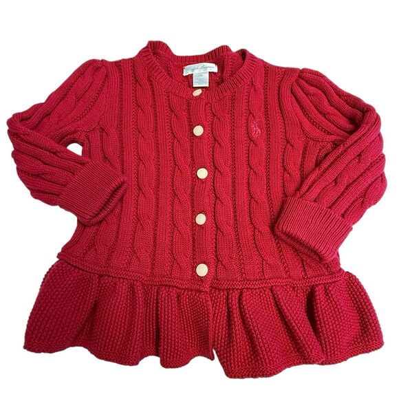 Ralph‎ Lauren Baby Cable Knit Cardigan Sweater Red Sz 12 Months - Picture 1 of 7